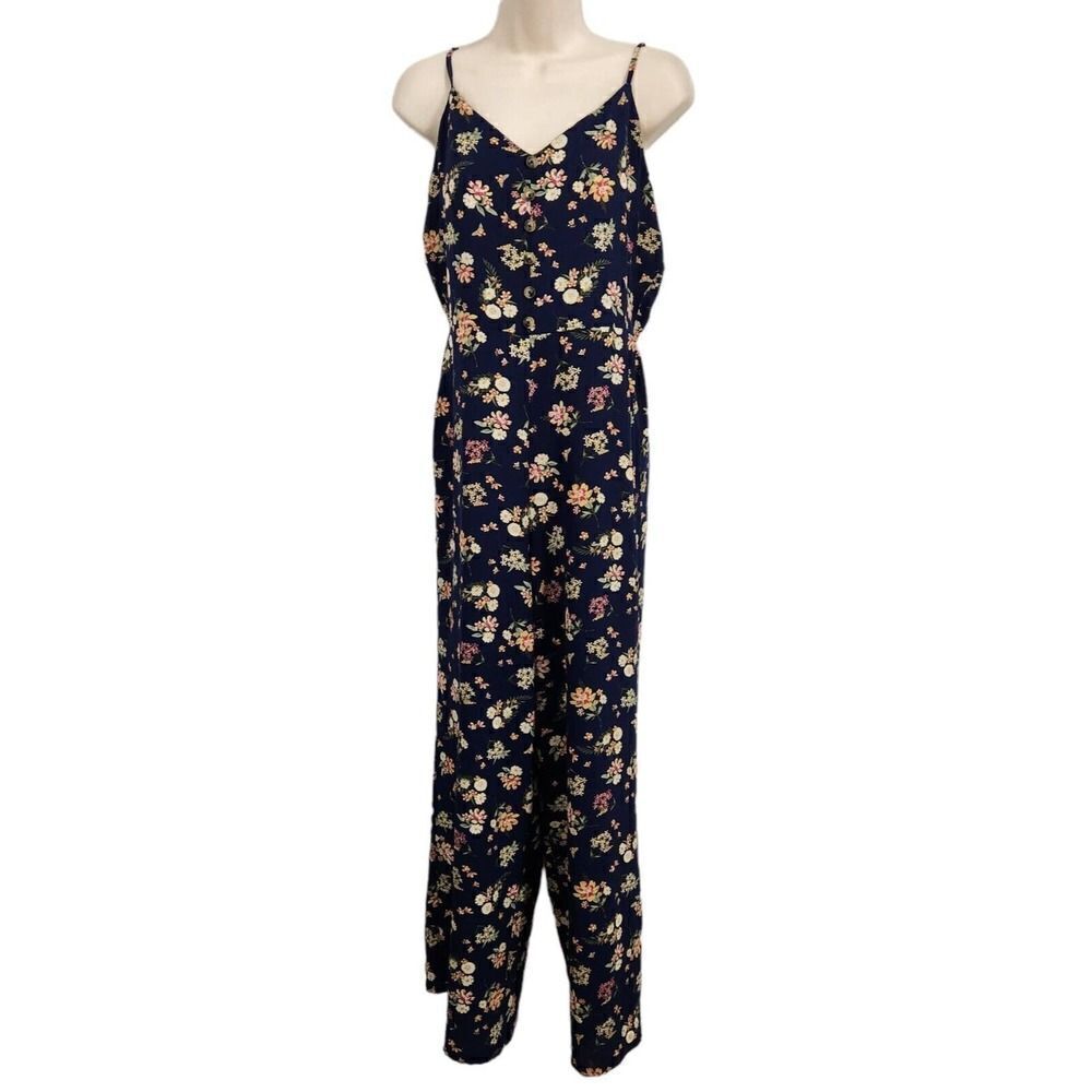 Pink Rose Jumpsuit Blue Floral Chiffon Wide Leg Spaghetti Straps